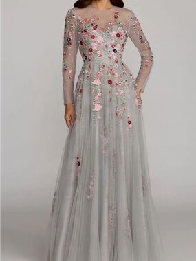 Mac Duggal Silver-Gray Tulle Gown with Pink & Red Floral Appliqués